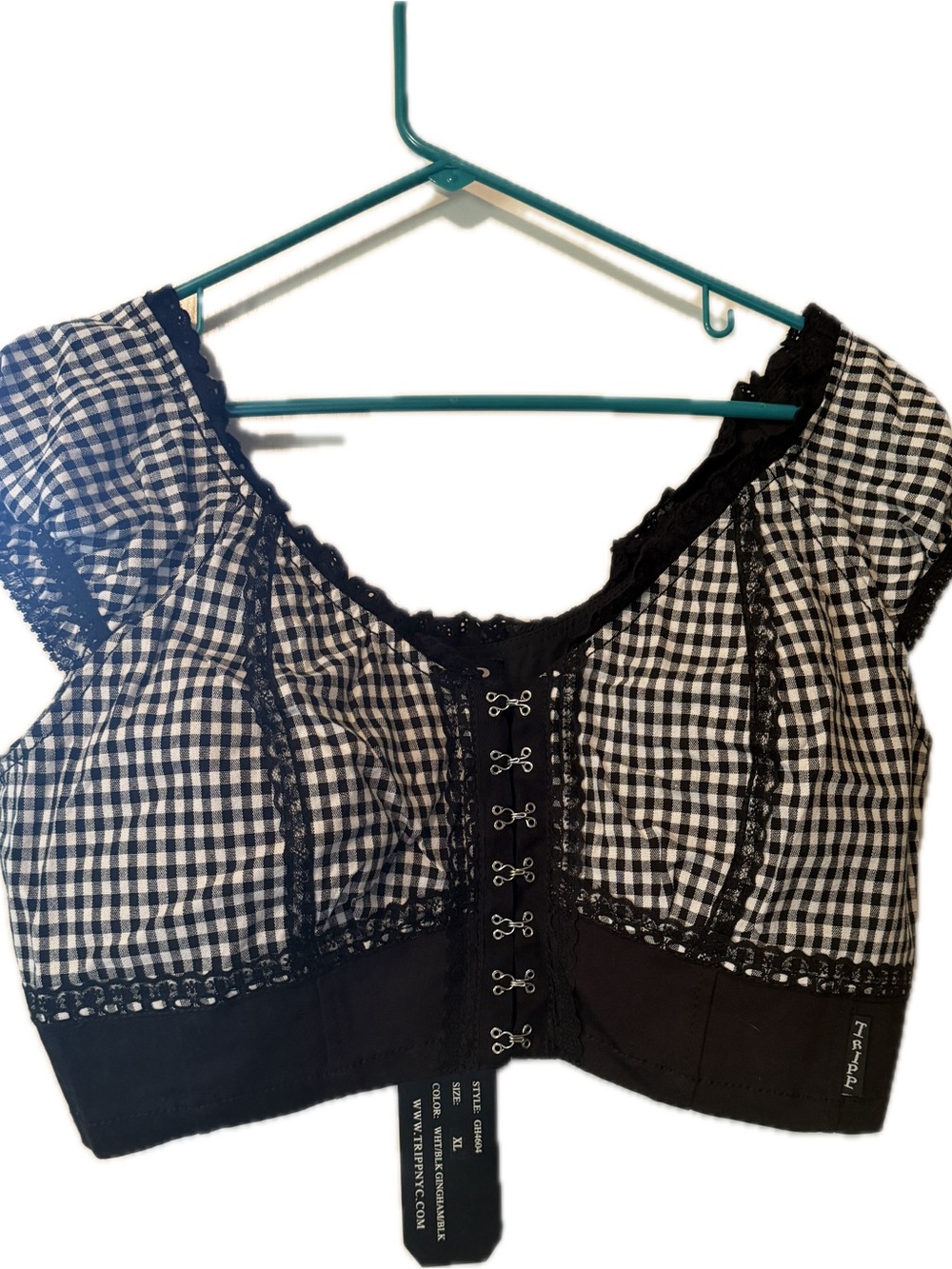 Tripp nyc Black and White Gingham Lace-Trim Crop Top